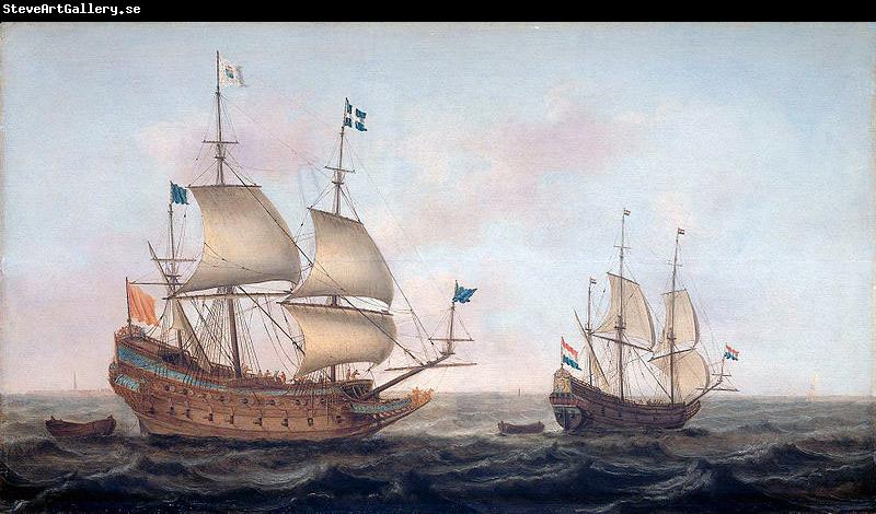 Jacob Gerritz. Loeff, Monogrammist JGL French man-of-war escorted by a Dutch ship in quiet water